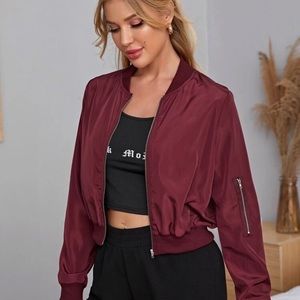 Burgundy zip up metallic bomber jacket cropped